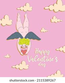 Happy valentine's .Valentine's day card.Love card.Angel flying over clouds