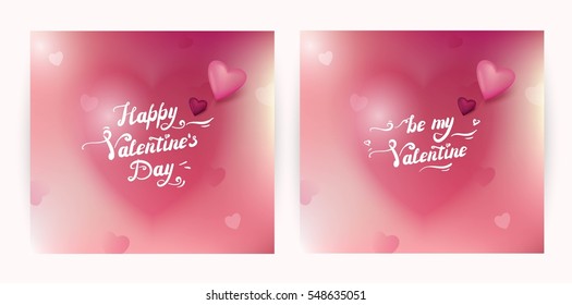 Happy valentine`s day cards. Valentine`s day abstract blurred background with bokeh hearts and handwritten lettering. Vector illustration