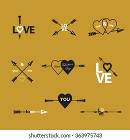 Happy valentines day cards with  arrow. Vectror eps10 illustrations and typography elements.  Valentine`s day set. I love you vector icon. 14 february. 