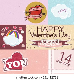 Happy Valentines Day Cards. Collection of vector elements with retro vintage styled design