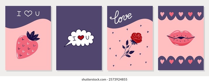 Happy Valentine's Day Cards collection. 4 Simple cute greeting cards in pink and colors. Vector illustration.