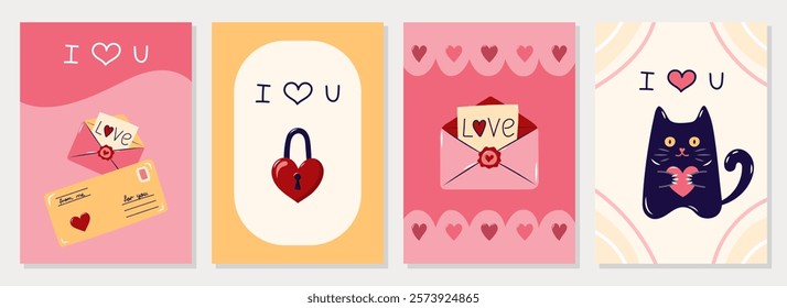 Happy Valentine's Day Cards collection. 4 Simple cute greeting cards with envelopes and cat. Vector illustration.