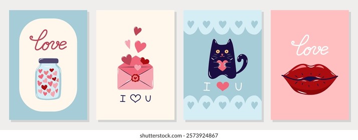 Happy Valentine's Day Cards collection. 4 Simple cute greeting cards in pastel colors. Vector illustration.