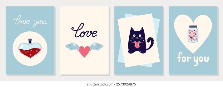 Happy Valentine's Day Cards collection. 4 Simple cute greeting cards in pastel blue colors. Vector illustration.