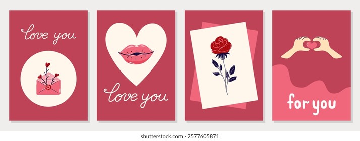 Happy Valentine's Day Cards collection. 4 different Simple cute greeting cards on pink background. Vector illustration.