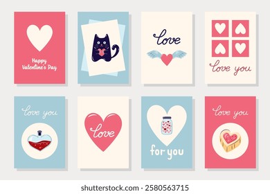 Happy Valentine's Day Cards collection. 8 Simple cute greeting cards in pastel blue and pink colors. Vector illustration.
