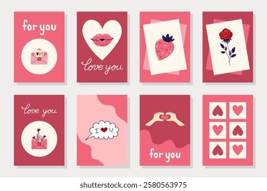 Happy Valentine's Day Cards collection. 8 Simple cute greeting cards with hearts on pink background. Vector illustration.