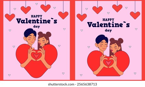 Happy Valentine`s day cards with cute couple. Vector illustrations in modern style.