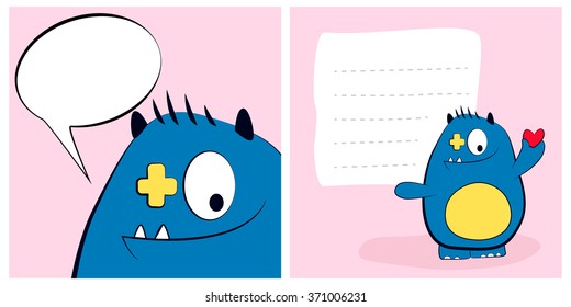 Happy valentines day cards with cute cartoon monster blue, horn, heart, speech bubble. 