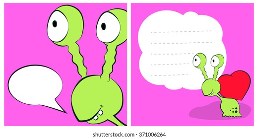 Happy valentines day cards with cute cartoon monster green snail, heart, speech bubble. 