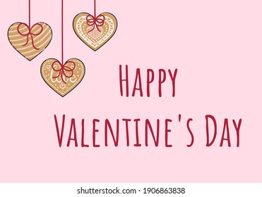 Happy Valentine's Day cards with gingerbread heart cookies. Different types of gingerbread hearts with glaze for a banner, poster or greeting card. Hand-drawn vector illustration.