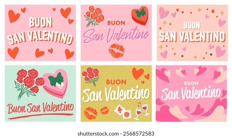 Happy Valentine's Day cards with hand made illustrations of hearts, roses, kisses and love stamps.