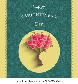 Happy Valentines day cards with heart, the background paisley. Long shadows. Vector design