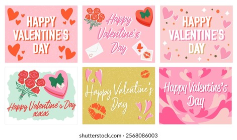 Happy Valentine's Day cards with hearts, kisses, red roses, love letters, love stamps, chocolates and presents.