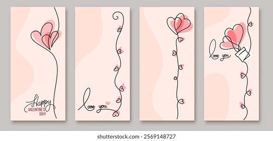 Happy Valentines Day cards hearts. Continuous one line drawing shape, greeting sign. Invitation abstract design. Vector illustration minimal line art modern style