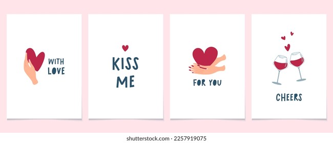 Happy Valentine's Day cards. Minimalistic prints with hearts and quotes. Flat style vector illustrations.