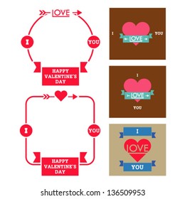 Happy valentines day cards with ornaments, hearts, ribbon, and arrow