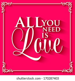 Happy valentines day cards with ornaments, hearts, ribbon, angel and arrow/ All you need is love. Happy Valentine's Day Hand Lettering - Typographical Background