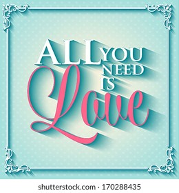 Happy valentines day cards with ornaments, hearts, ribbon, angel and arrow/ All you need is love. Happy Valentine's Day Hand Lettering - Typographical Background