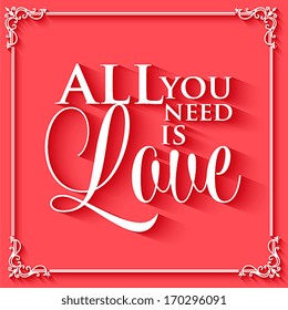 Happy valentines day cards with ornaments, hearts, ribbon, angel and arrow/ All you need is love. Happy Valentine's Day Hand Lettering - Typographical Background