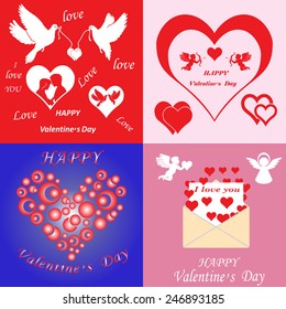 Happy valentines day.  Cards with ornaments, hearts, ribbon, angel and arrow