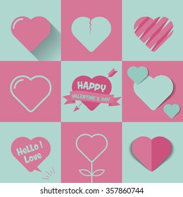 happy valentines day cards with ornaments, hearts, ribbon, angel and arrow


