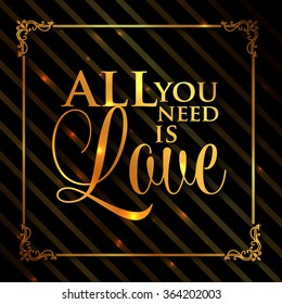 Happy valentines day cards with ornaments, hearts, ribbon, angel and arrow/ All you need is love. Happy Valentine's Day Hand Lettering - Typographical Background