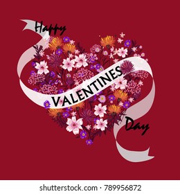 Happy Valentines day cards with ornaments, hearts, frame. typography vector flower create heart on red love