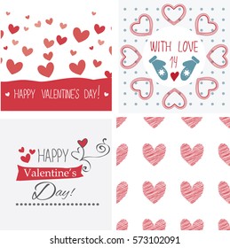 happy valentines day cards and patterns with ornaments, hearts, ribbons.Creative illustrations in flat style. Greeting card,poster,invitation,sticker, advertisement for february event. Concept of love