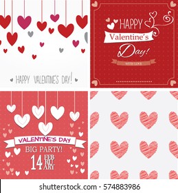 happy valentines day cards and patterns with ornaments, hearts, ribbons.Creative illustrations in flat style. ?emplate for wrapping, textile, web-design, poster, banner, invitation. Concept of love