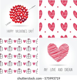 happy valentines day cards and patterns with ornaments, hearts, gifts and arrow. Sketched heart.Greeting card,poster,invitation,sticker, advertisement for february event. Festive idea of love