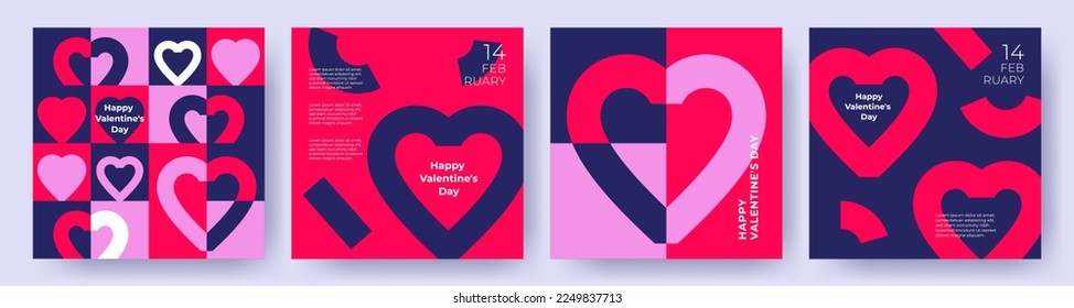 Happy Valentines Day cards, posters, covers set. Abstract minimal templates in modern geometric style with hearts pattern for celebration, decoration, branding, packaging, web and social media banners