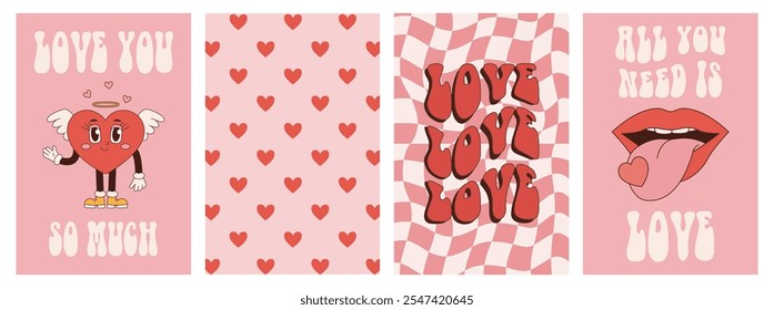 Happy Valentines Day cards, posters. Love concept in pink, red colors. Trendy vector illustration in retro 60s 70s style