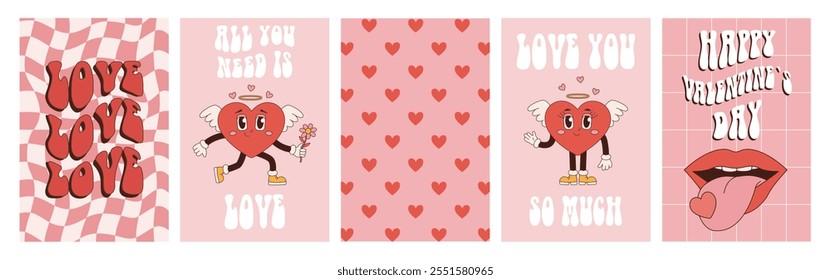 Happy Valentines Day cards, posters. Love concept in pink, red colors. Trendy vector illustration in retro 60s 70s style