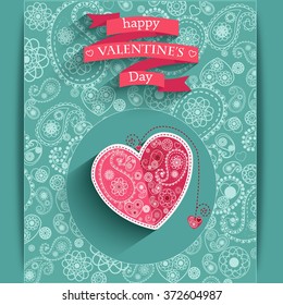 Happy Valentines day cards with a ribbon and a heart, the background paisley. Long shadows. Vector design