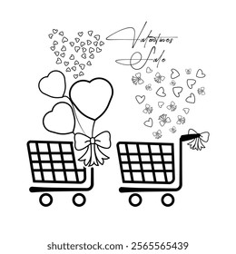 Happy Valentines Day Cards And Sale Modern Abstract Concept Design With Shopping Cart And Heart And Bow.