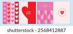 Happy Valentines Day cards set. Modern abstract art design with hearts and modern typography. Templates for celebration, ads, branding, banner, cover, label, poster, sales
