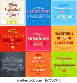 Happy Valentines Day Cards Set for Vintage Holiday Labels Design. Retro Paper Textures. Vector Illustration.