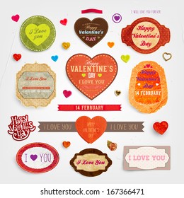 Happy Valentines Day Cards Set for Vintage Holiday Labels Design. Retro Paper Textures. Vector Illustration.
