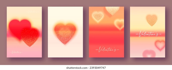 Happy Valentine's Day cards set! Blurred hearts with bokeh light effect. Love, feelings and wedding background