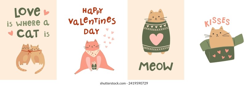 Happy Valentines day cards set with cute cats, greeting phrases, vector lettering design for 14 February. Funny cats in love, couple, kitty in box, pet wears sweater collection, romantic illustration.