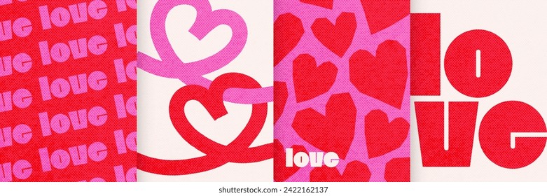 Happy Valentines Day cards set in trendy bold style. Duotone abstract art design with hearts and modern typography. Templates for 14 February - minimalistic patterns, cut paper heart elements. Vector