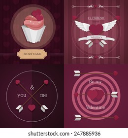 Happy valentines day cards set with hearts, wings, feathers, arrows, target and cupcake. Vector illustration