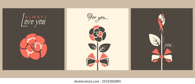 Happy Valentines Day cards set. Modern postcards with rose, bow, romantic text. Retro greeting posters. Festive Templates for celebration, banner, label, sales. Vector flat illustration