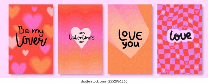 Happy Valentines Day cards set. Modern abstract art design with hearts and typography. Bright colorful design. Cute holiday cards, invitations, covers, post, message template.