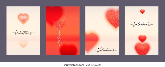 Happy Valentine's Day cards set! Blurred hearts with bokeh light effect. Love, feelings and wedding background