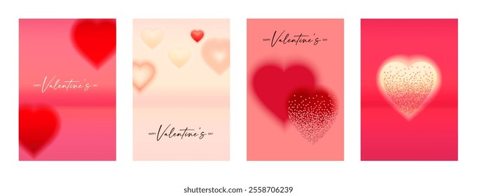 Happy Valentine's Day cards set! Blurred hearts with bokeh light effect. Love, feelings and wedding background