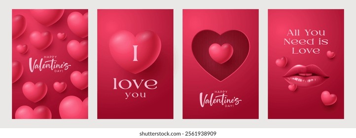 Happy Valentine's Day cards set. Modern realistic art design with hearts and geometric shapes. Love templates for celebration, ads, branding, banner, cover, label, poster, sales.