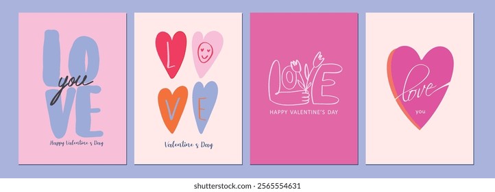 Happy Valentines Day cards set. Modern abstract art design with hearts and modern typography. Templates for celebration, ads, branding, banner, cover, label, poster, sales