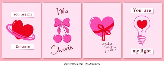 Happy Valentines Day cards set. Cartoon cute art design with hearts and typography. Bright colorful design. Holiday romantic cards, invitations, covers, post, message template.